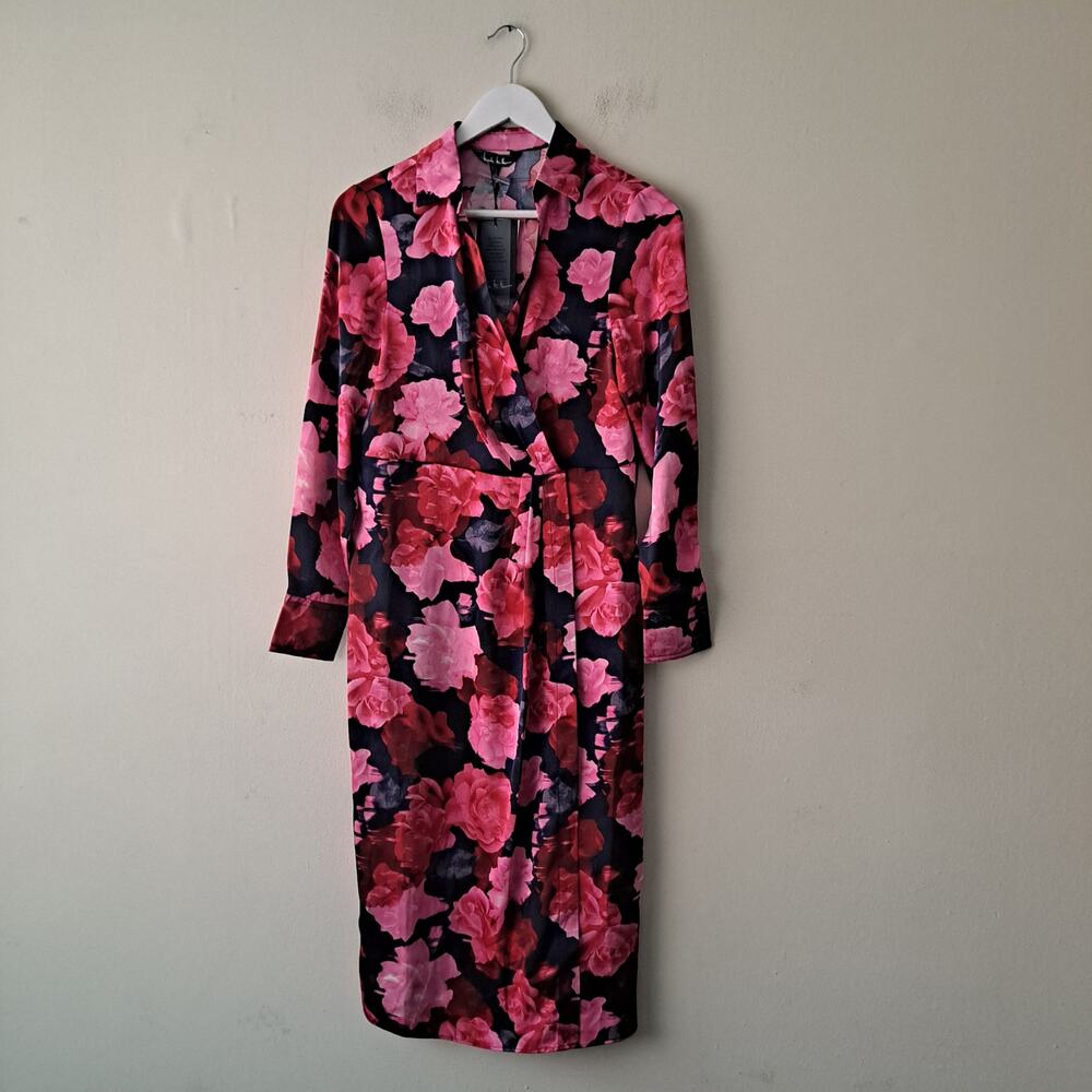 NWT Nicole Miller Floral Dress Collared Midi Faux Wrap Pink Navy Womens Size 6 - Picture 5 of 15